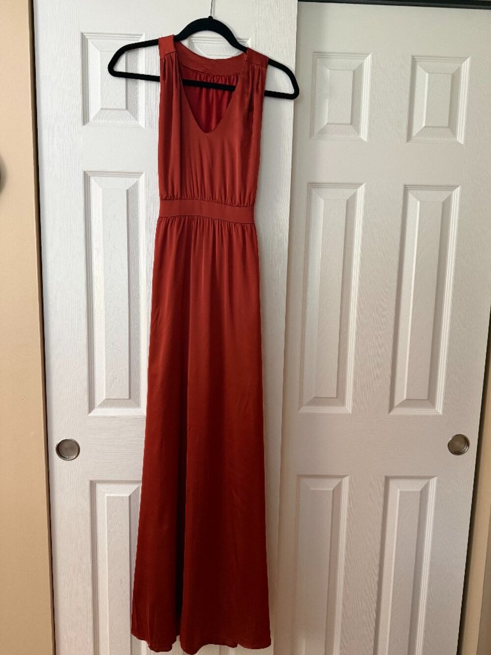 Rust V-Neck Maxi Gown High Slit Tie Back Wedding Guest Dress